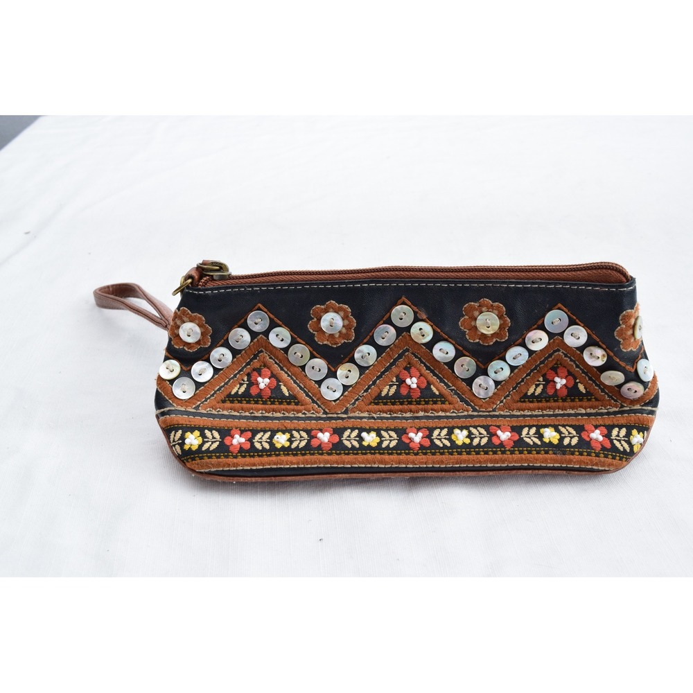 Isabela Fiore Wristlet Pouch Small Black Brown Leather Boho Beaded Women Bag